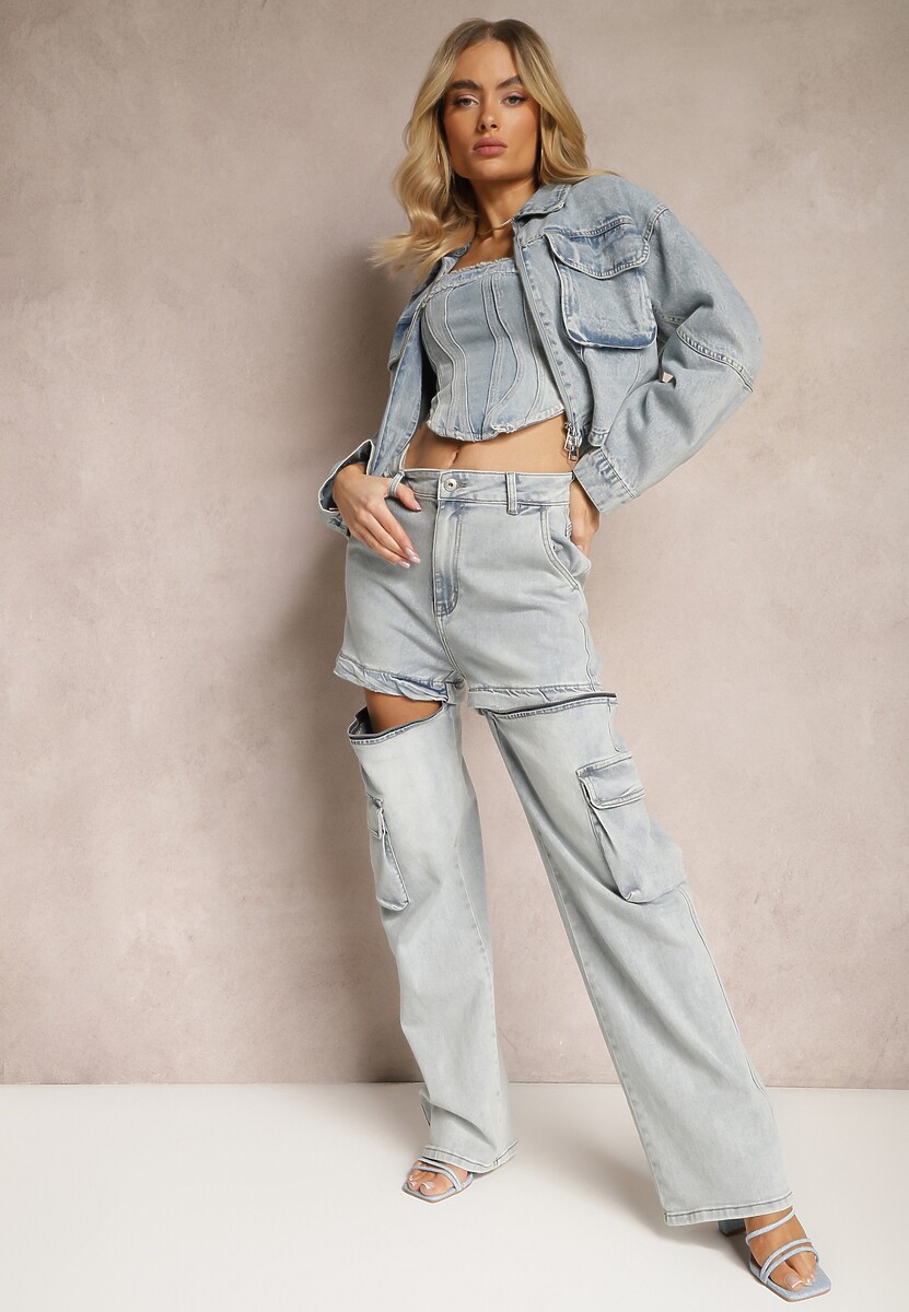 Jasnoniebieskie 2w1 Bawełniane Szorty Jeansy High Waist z Szerokimi Odpinanymi Nogawkami Sadiara