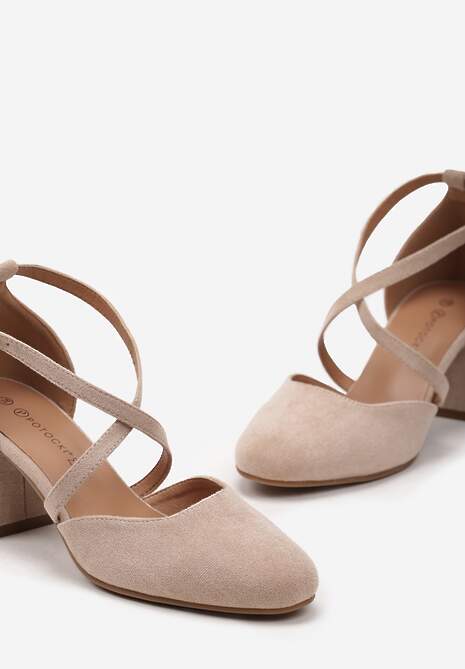 Beżowe Czółenka ze Skórzaną Wkładką na Słupku ze Sprzączką i Paseczkami Shaedra