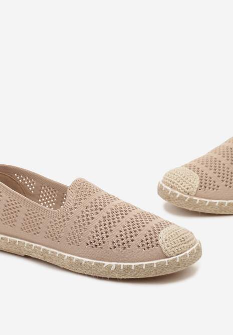 Ciemnobeżowe Espadryle na Płaskiej Podeszwie z Plecionki i Ozdobnymi Przeszyciami Tarniesa