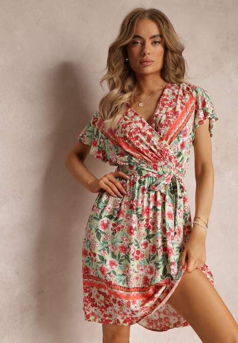 Czerwono-Zielona Rozkloszowana Sukienka z Wiskozy i Kopertowym Dekoltem Violia