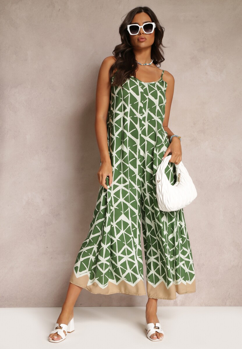 Zielony Wiskozowy Kombinezon w Geometryczne Wzory na Ramiączkach Evera
