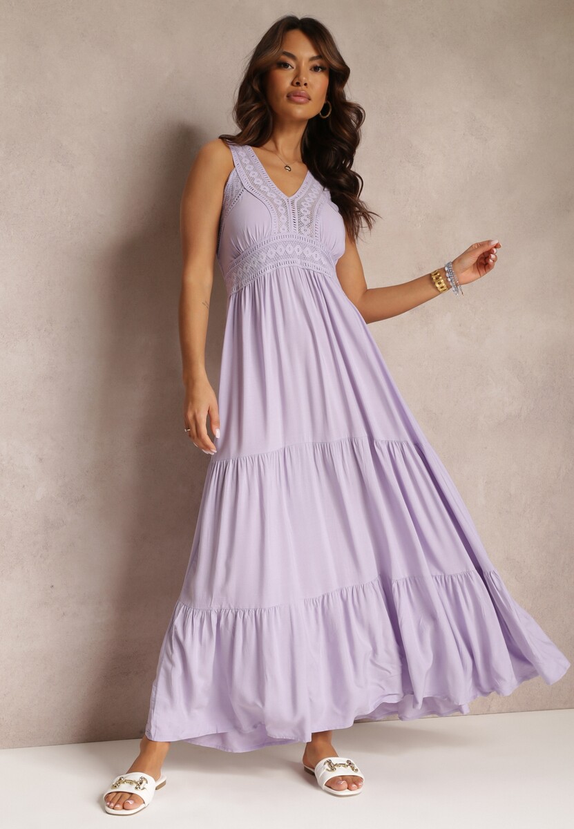 Zielona Rozkloszowana Sukienka Maxi z Szydełkowanymi Wstawkami Ylivea