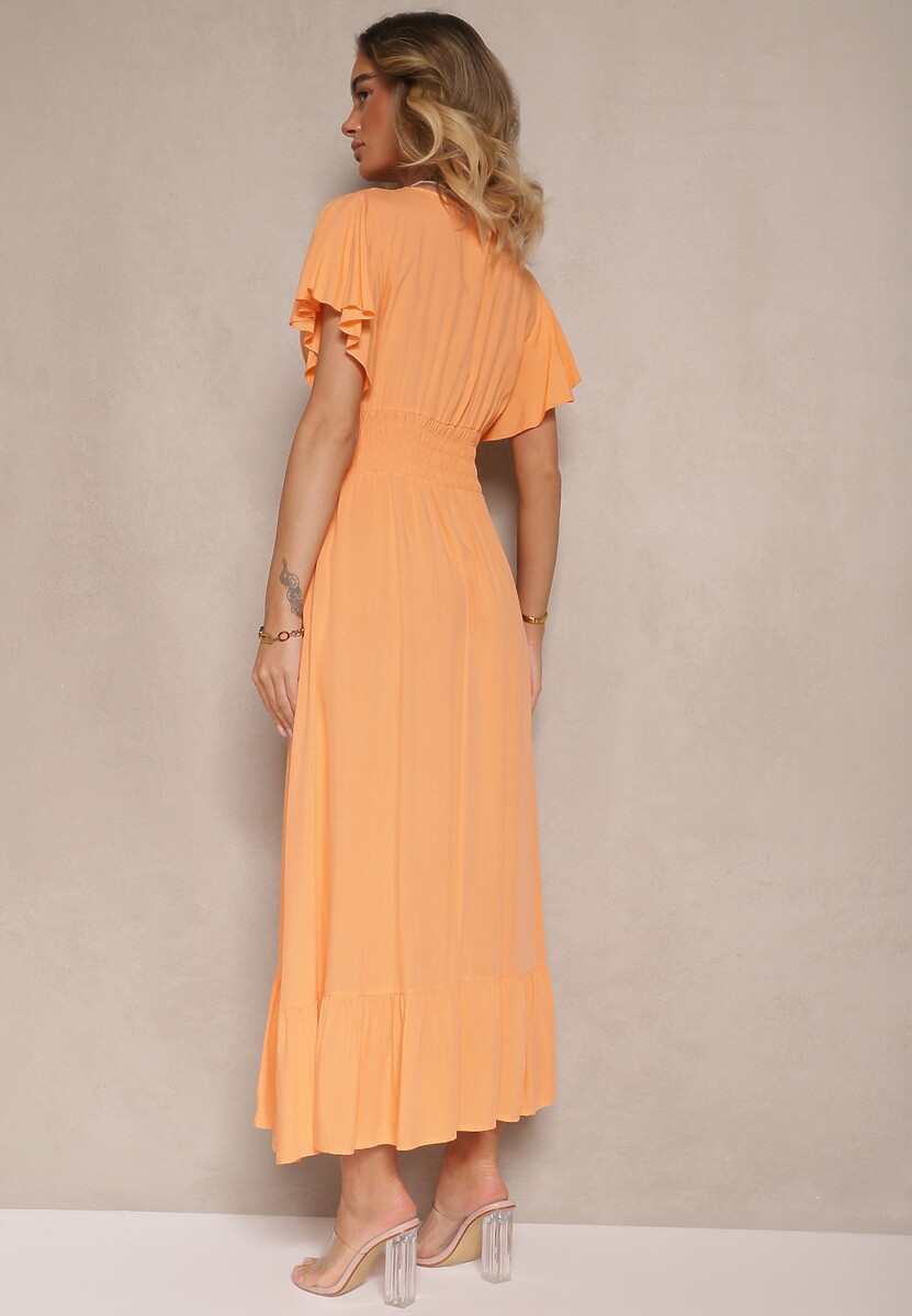 Pomarańczowa Rozkloszowana Sukienka z Wiskozy z Kopertowym Dekoltem Rellrive