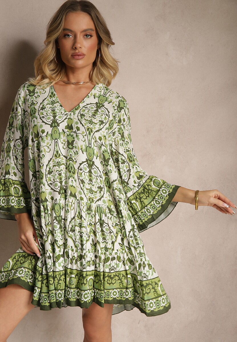 Niebieska Sukienka z Wiskozą o Rozkloszowanym Kroju w Etniczny Print Aledia