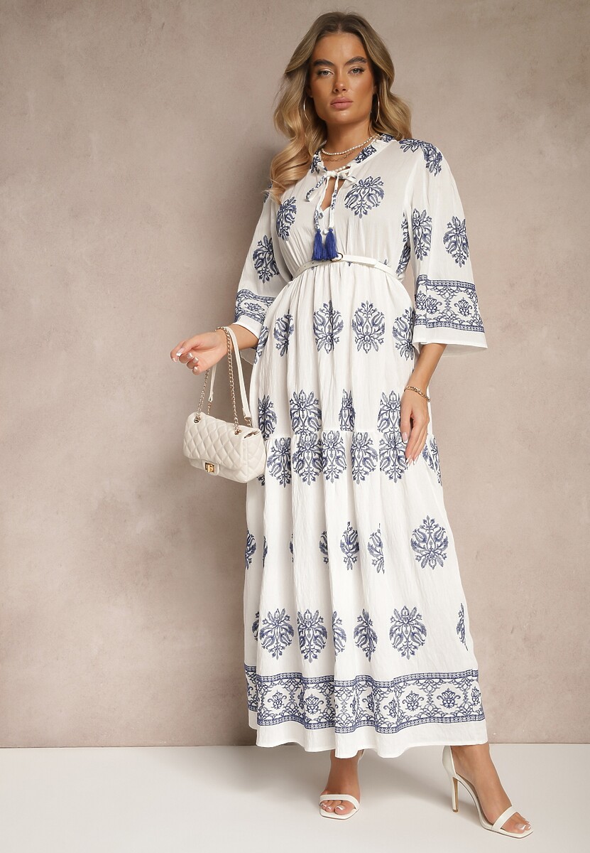 Biała Boho Sukienka z Wiskozą Zdobiona Haftem i Wiązaniem z Frędzlami Alinoria