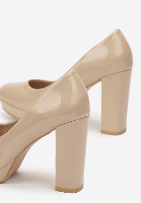 Beżowe Czółenka na Słupku i Platformie z Lakierowanej Ekoskóry Glimexa