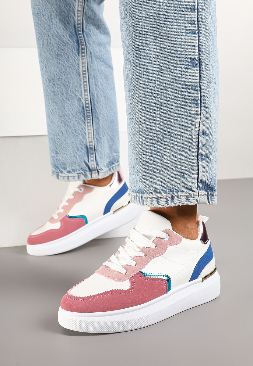 Biało-Różowe Sneakersy z Metalicznymi Aplikacjami Terlexia