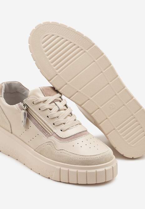 Beżowe Sneakersy z Naturalnej Skóry na Grubej Podeszwie z Suwakiem Soravelle