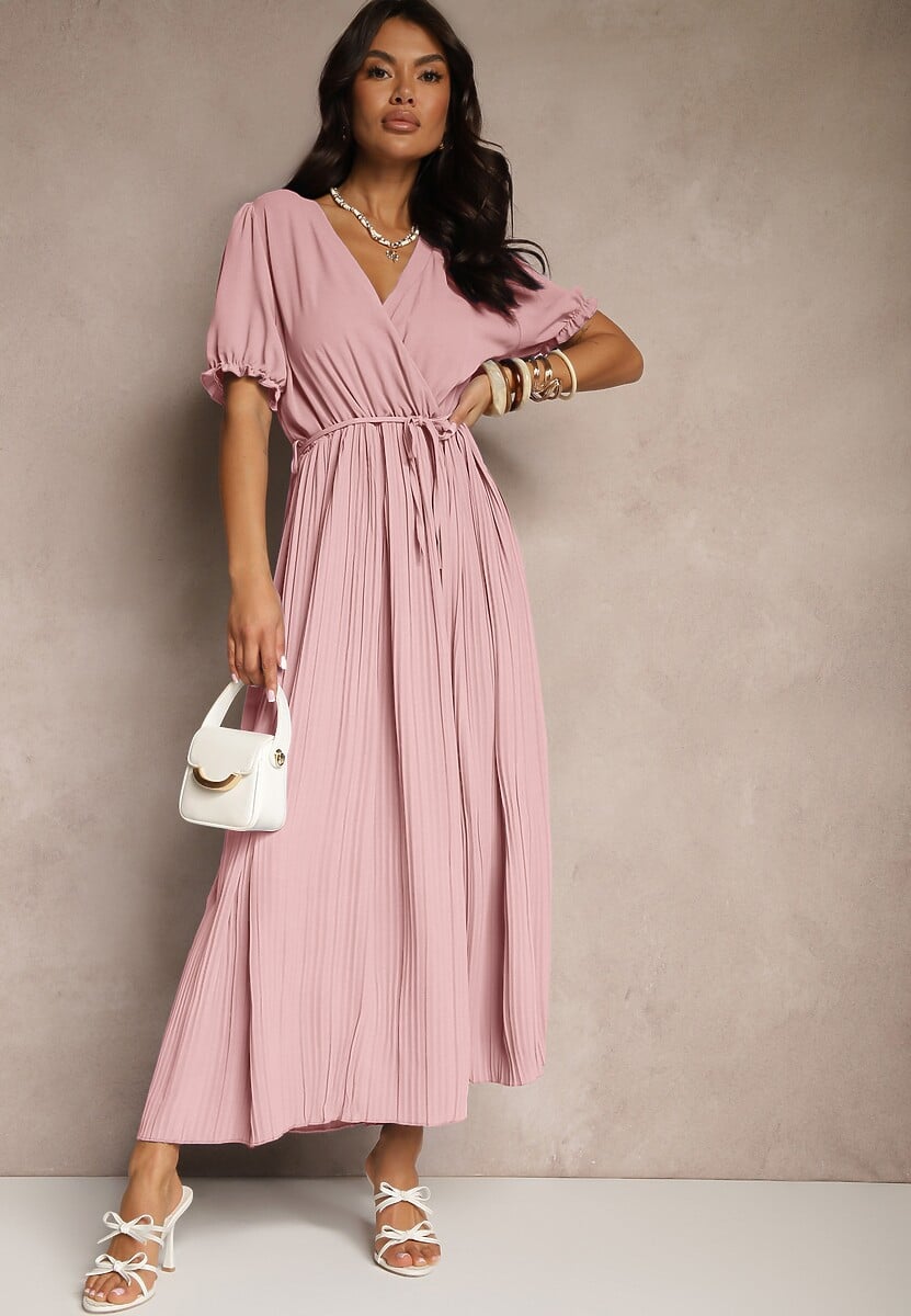 Różowa Sukienka z Bawełną Ozdobiona Kopertowym Dekoltem i Paskiem Grellevia