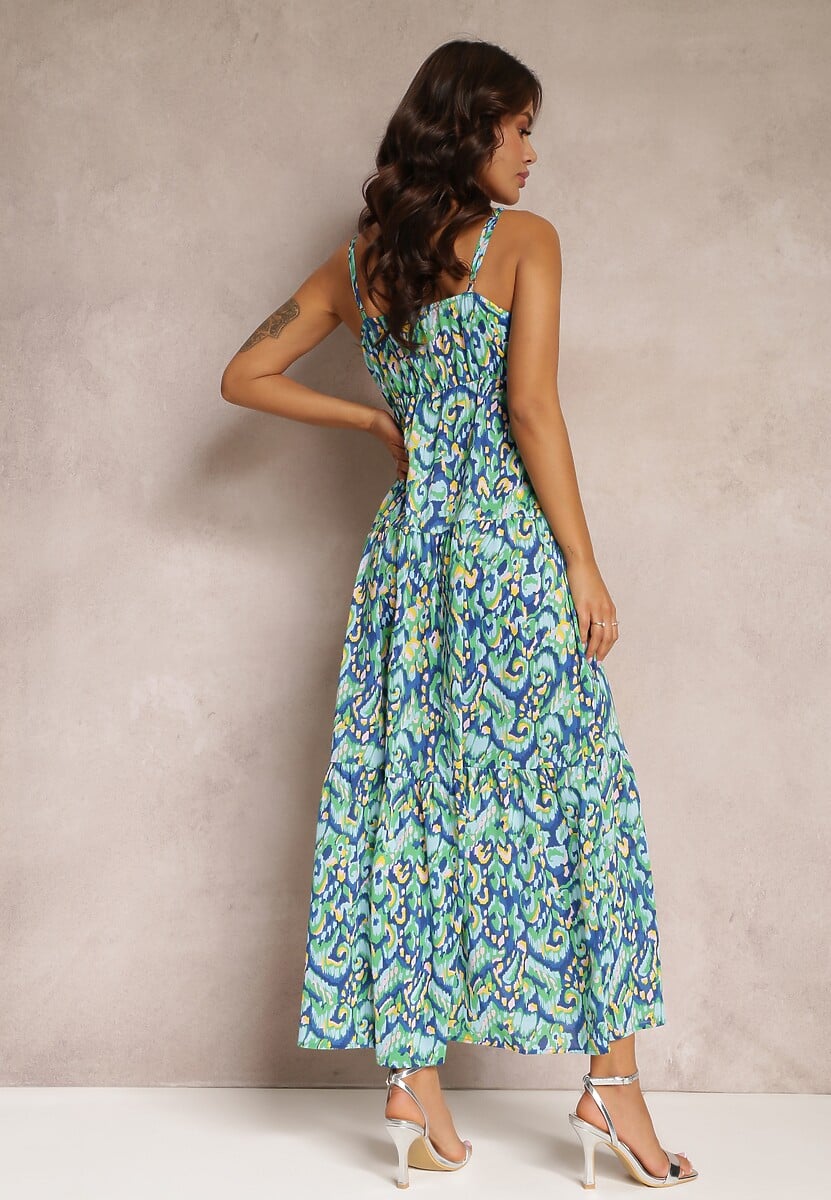 Niebiesko-Zielona Sukienka Maxi na Regulowanych Ramiączkach z Abstrakcyjnym Wzorem Jerela