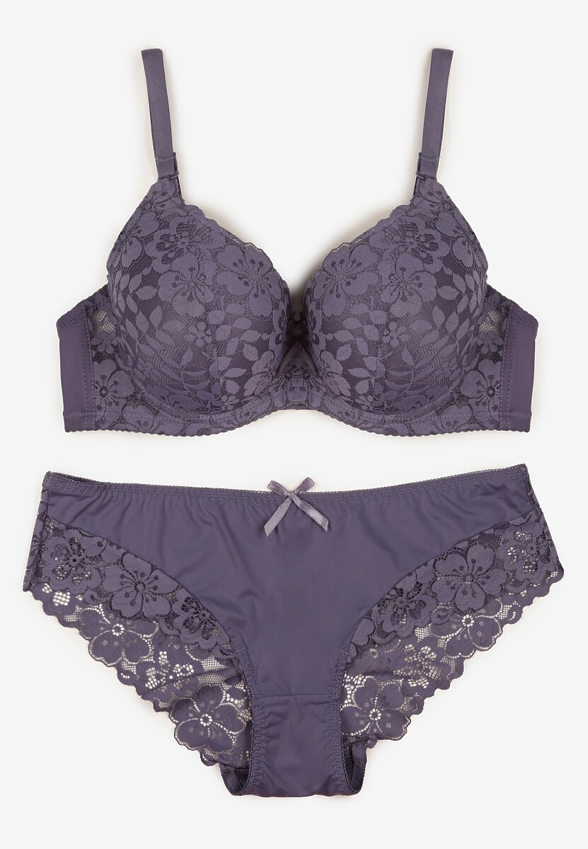 Fioletowy Koronkowy Komplet Biustonosz i Majtki Figi w Klasycznym Stylu Ezirene