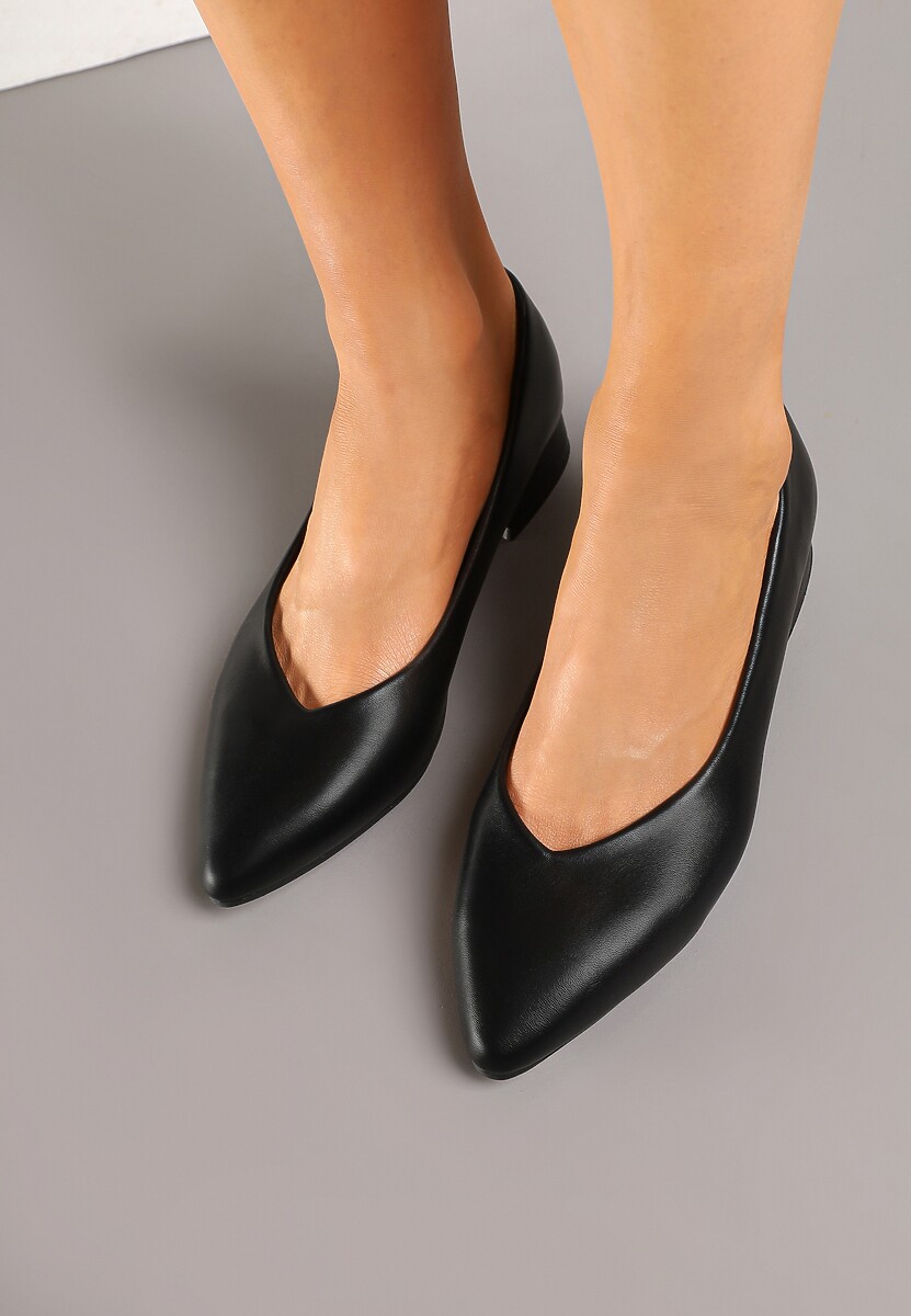 Czarne Błyszczące Czółenka na Niskim Obcasie z Wkładką ze Skóry Naturalnej Falzeri
