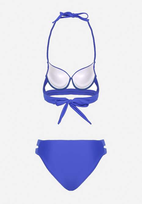 Niebieskie Bikini Majtki Figi z Wycięciami i Biustonosz z Ozdobnymi Paskami Kinalana