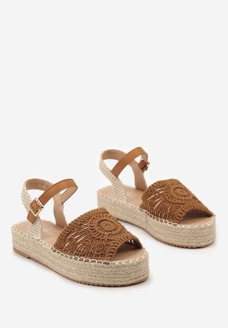 Brązowe Sandały Espadryle z Plecionym Noskiem Peep Toe i Jutową Platformą Drelpa