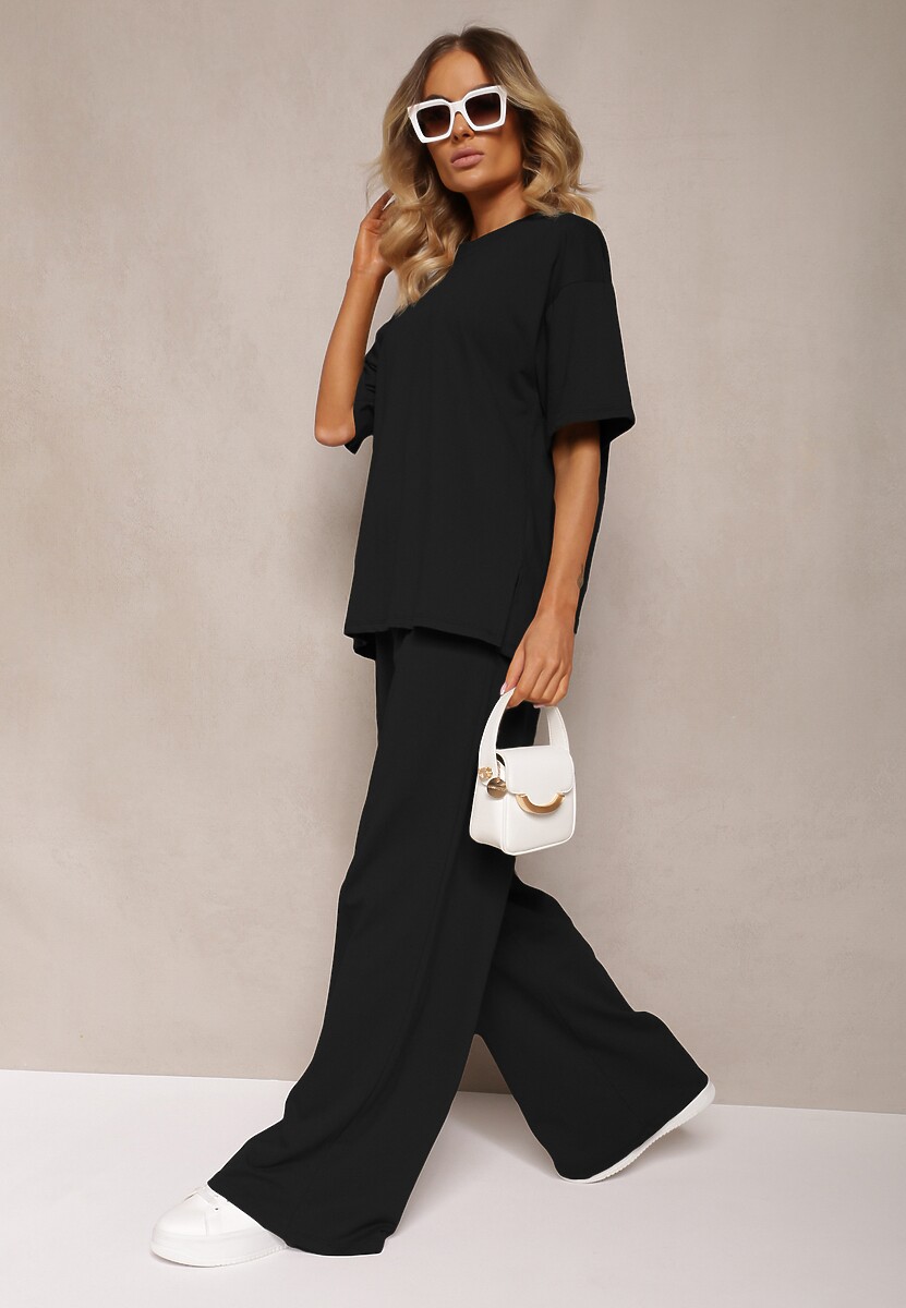 Czarny Komplet z Bawełny Proste Szerokie Spodnie z Gumką w Pasie Bluzka z Rozcięciami Vimarases