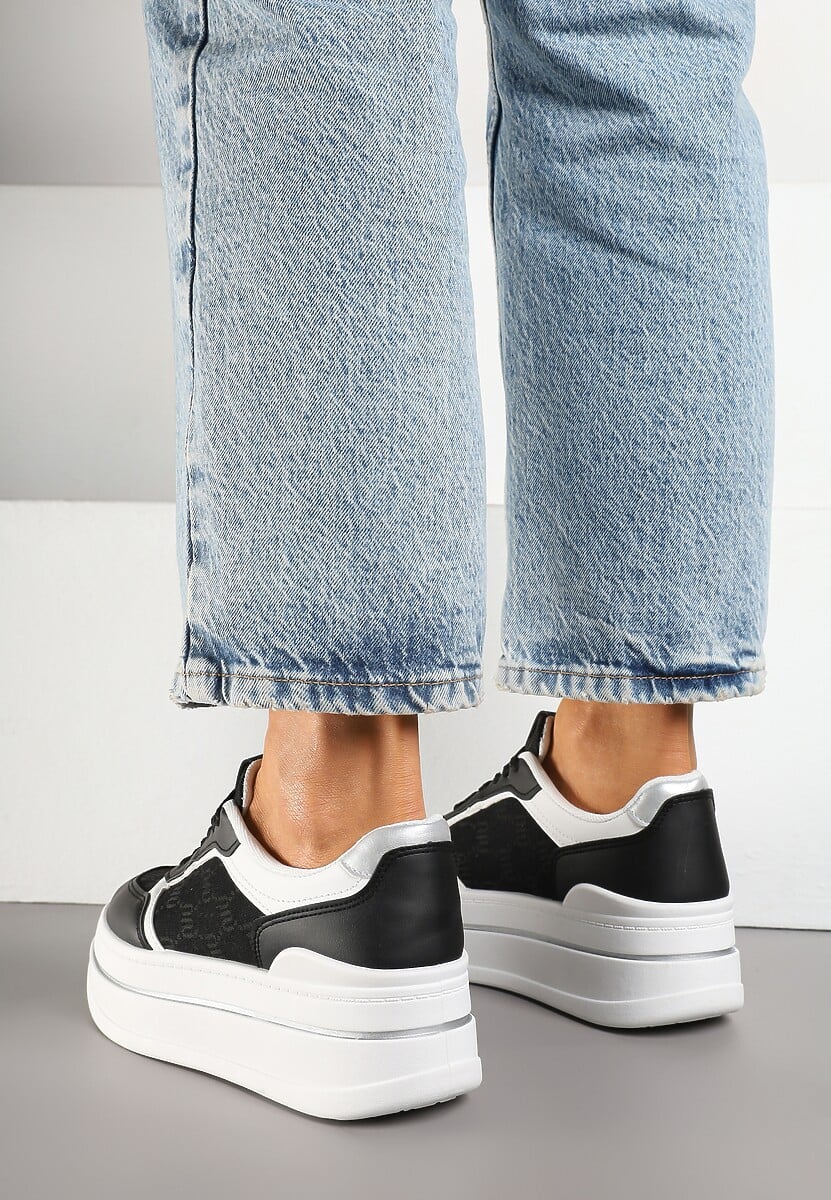 Czarno-Białe Sneakersy na Platformie z Tłoczoną Cholewką Callirae