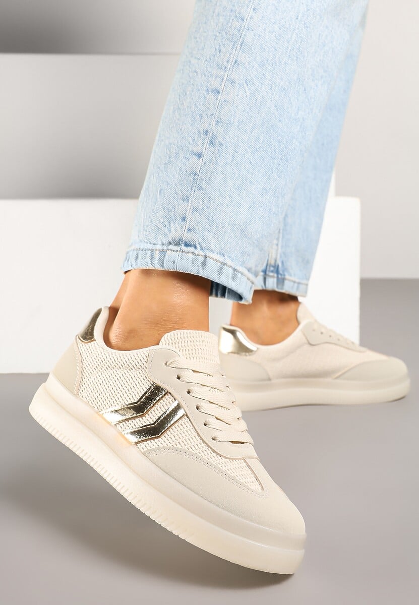 Beżowe Sneakersy Ozdobione Paskami Sadleane