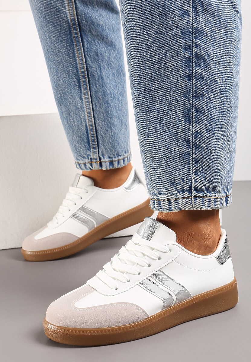 Biało-Srebrne Sznurowane Sneakersy Tenisówki z Kauczukową Podeszwą Gialessa
