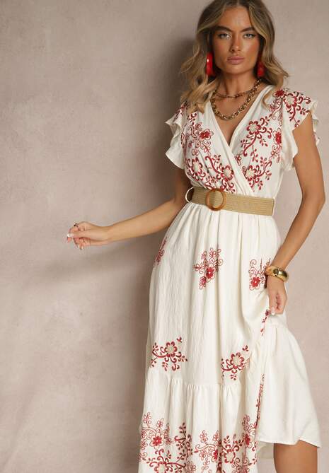 Biało-Czerwona Kopertowa Sukienka z Wiskozy Ozdobiona Haftem i Paskiem Nilatea