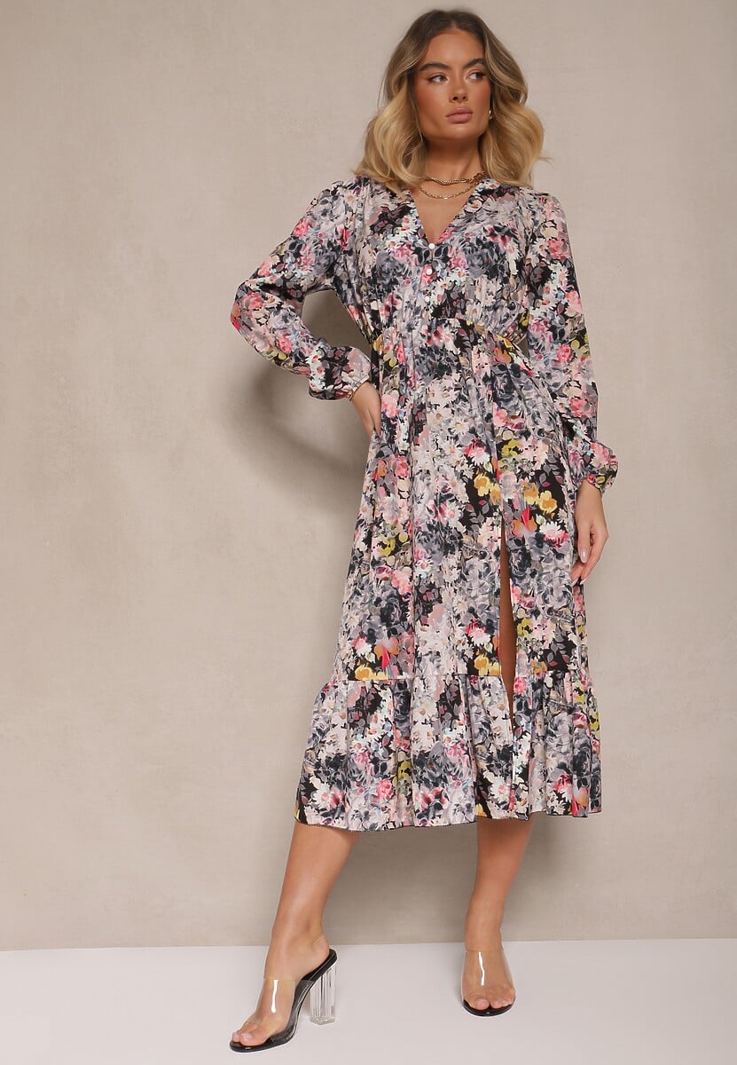 Czarna Sukienka w Kwiatowy Print o Rozkloszowanym Kroju z Dekoltem w Serek Janellia