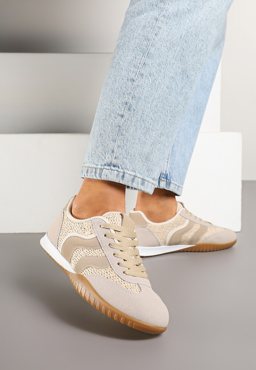 Beżowo-Czarne Sneakersy z Ozdobną Plecionką z Rafią Morloris