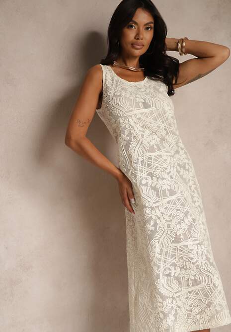 Beżowa Bawełniana Sukienka w Stylu Boho z Szydełkowymi Zdobieniami Baniella