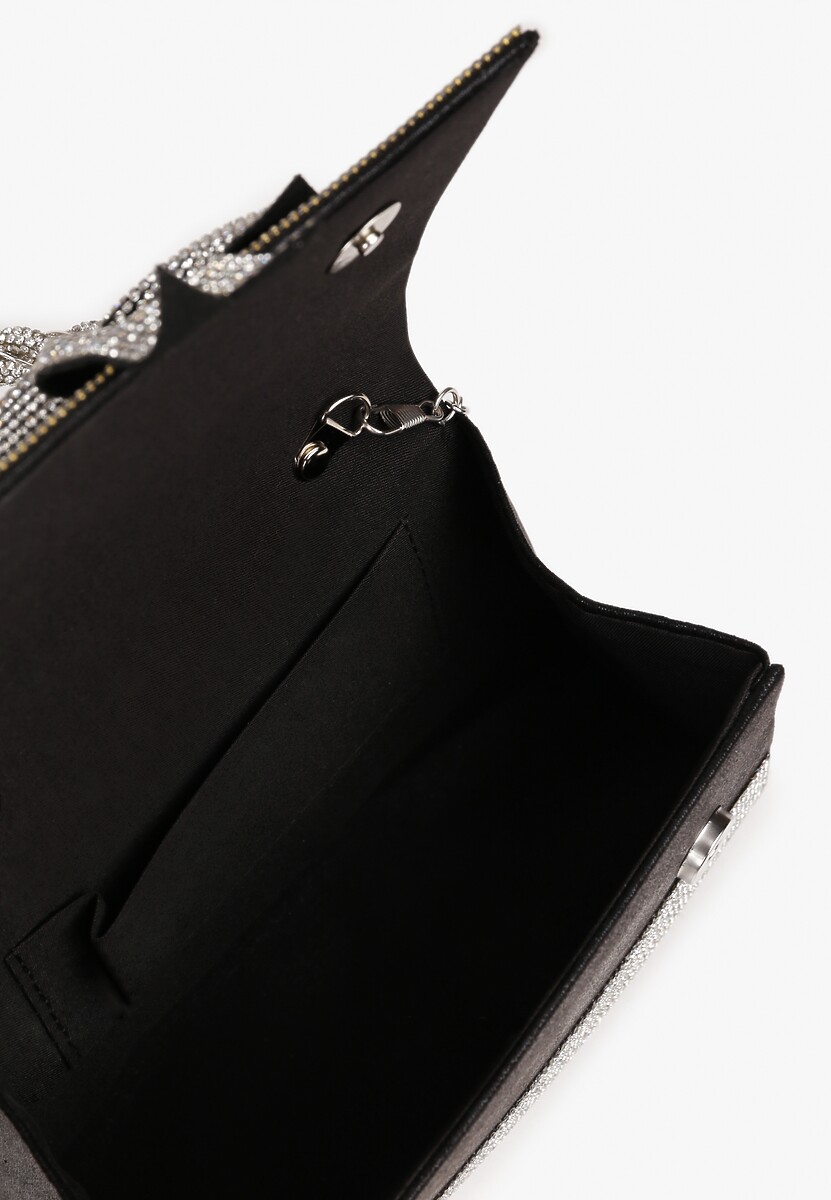 Czarno-Srebrna Torebka Kopertówka Ozdobiona Cyrkoniami i Kokardą Deolire