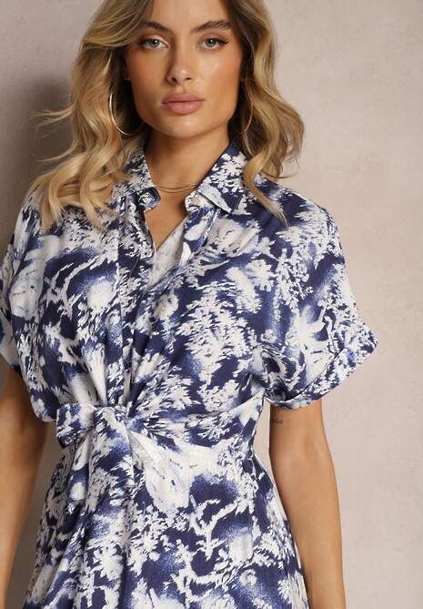 Niebiesko-Biała Sukienka Taliowana z Gumką w Talii Nasilena