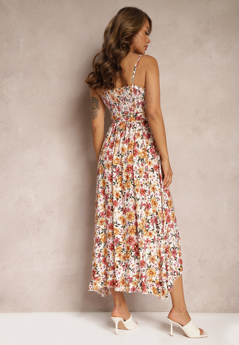 Biało-Pomarańczowa Kopertowa Sukienka z Bawełny w Kwiaty na Ramiączkach Rissanda