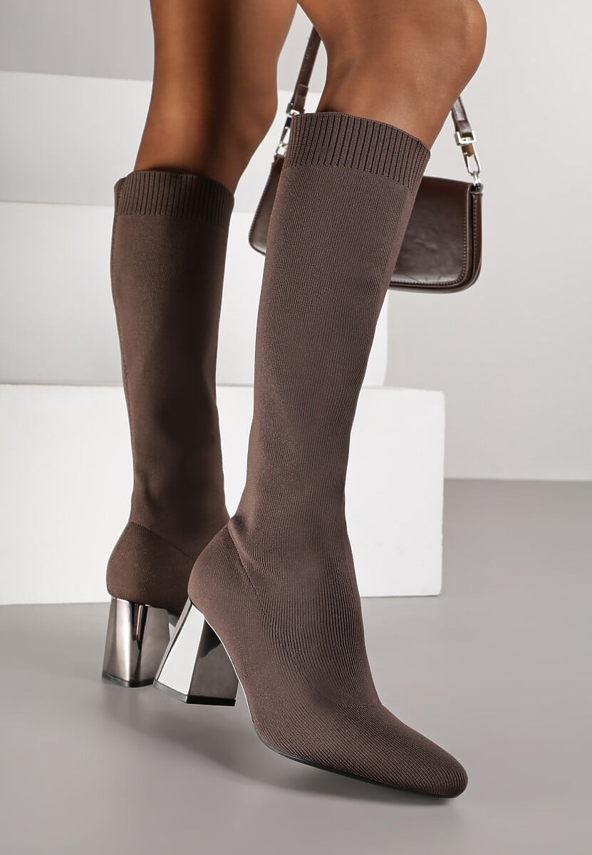 Brązowe Eleganckie Kozaki VICES na Metalicznym Obcasie ze Skarpetkową Cholewką Nalaina