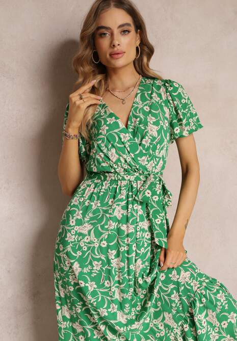 Zielona Długa Sukienka w Kwiaty z Gumką w Talii z Wiskozy Lydiza