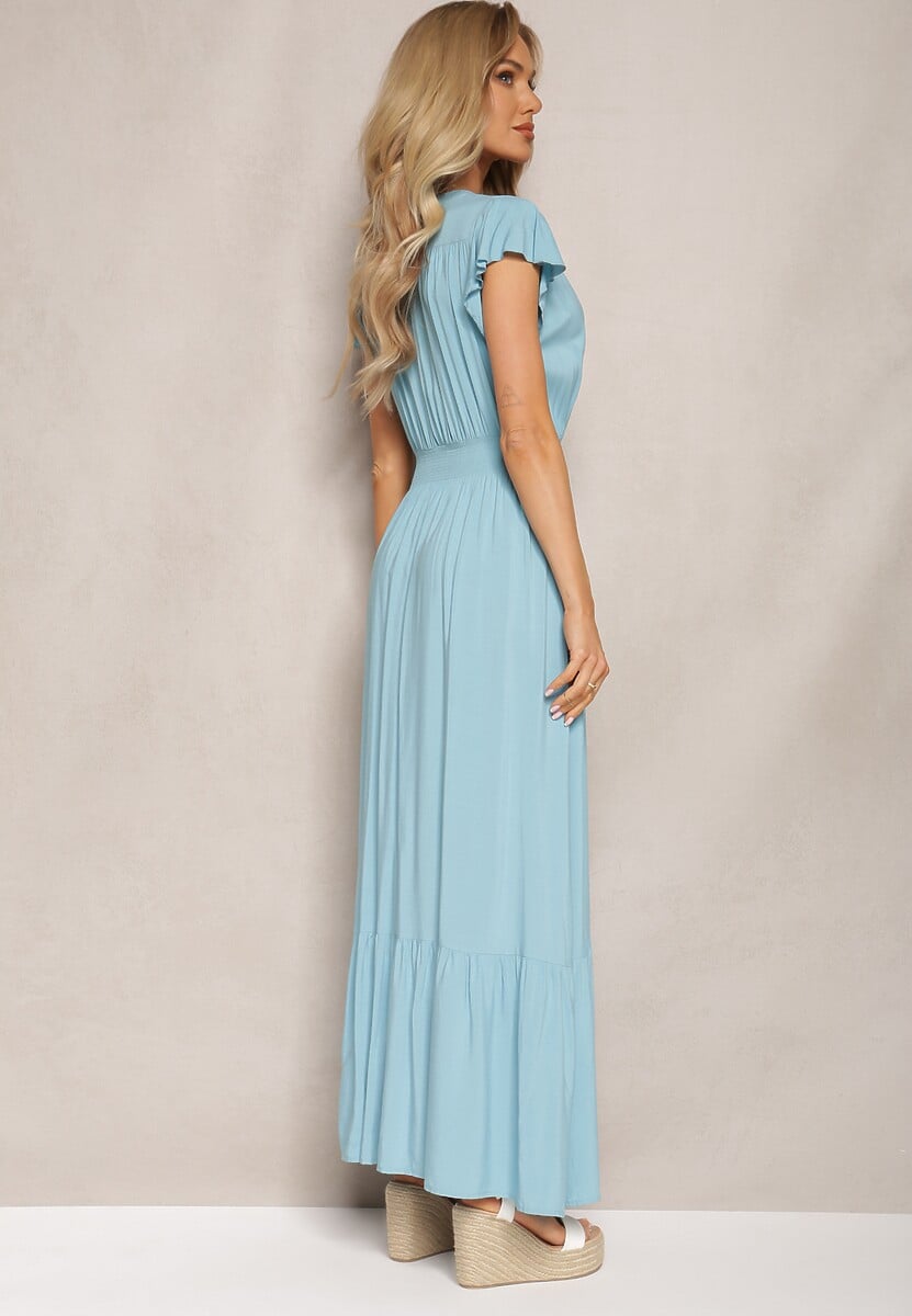 Jasnoniebieska Rozkloszowana Sukienka Maxi z Bawełny o Kopertowym Kroju Asmerie