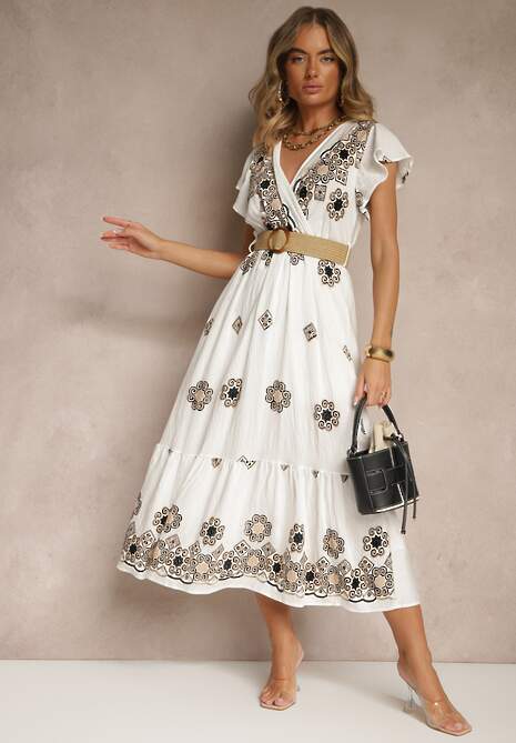 Biało-Czarna Sukienka z Wiskozy Ozdobiona Paskiem i Haftem Nilorelle