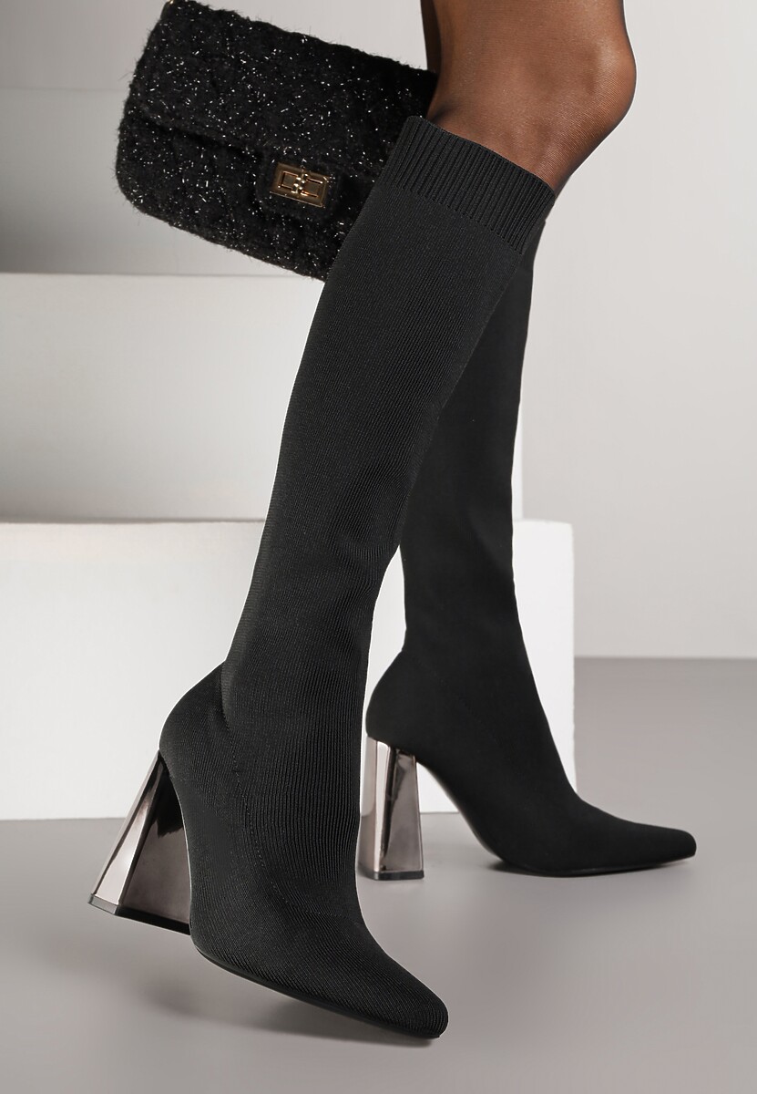 Brązowe Skarpetkowe Kozaki Vices na Słupku z Metalicznym Połyskiem Tuvitte