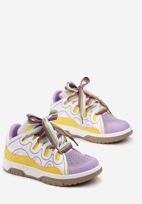 Żółto-Fioletowe Sneakersy Ozdobione Brokatem z Oryginalnym Sznurowaniem Patricie