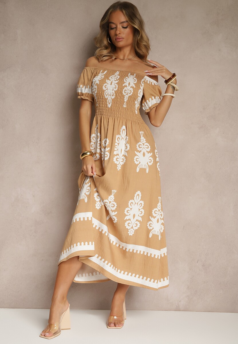Ciemnobeżowa Sukienka Hiszpanka Ozdobiona Etnicznym Printem Aralette