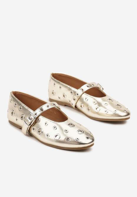 Złote Balerinki w Metalowe Okręgi ze Sprzączką Lialitte