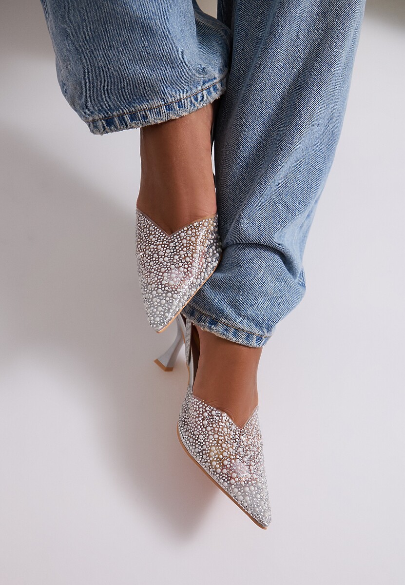 Beżowe Sandały na Szpilce z Przezroczystym Noskiem w Cekiny i Perły Niria