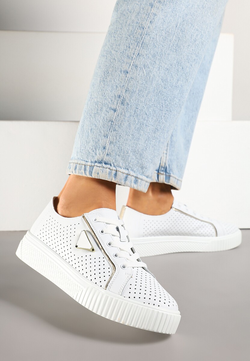 Beżowe Sneakersy Skórzane Ozdobione Aplikacją i Perforacją Nilairis