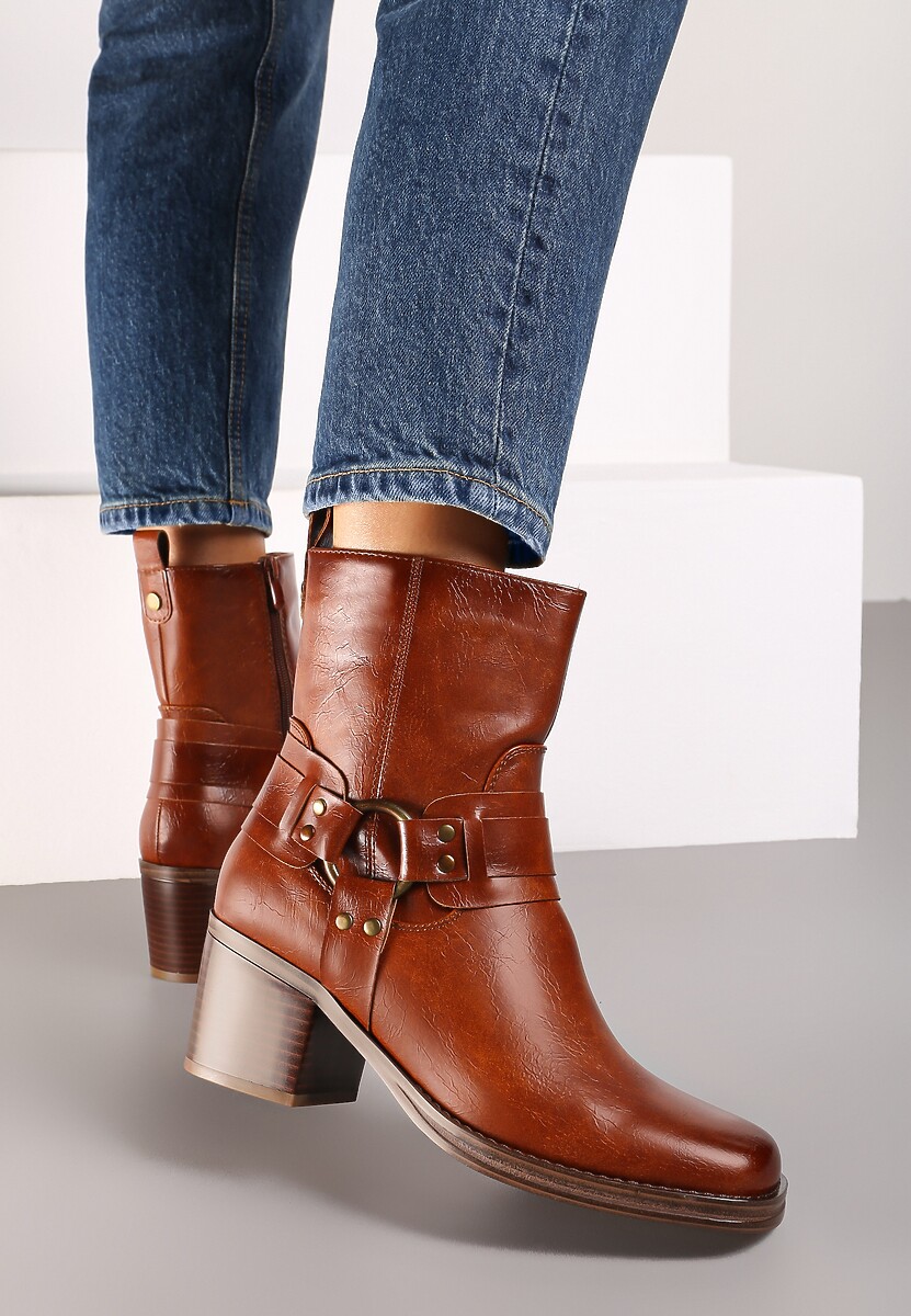 Brązowe Botki Bikery na Słupku z Klamrami i Paskami Verissca