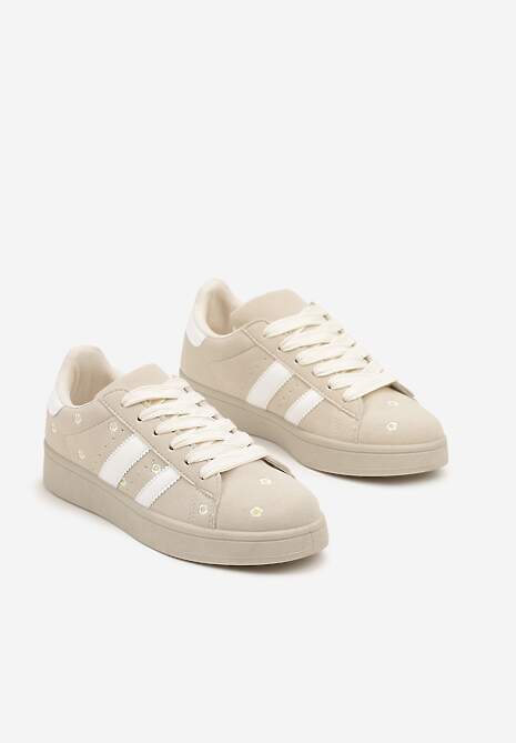 Beżowe Sneakersy Ozdobione Haftowanymi Kwiatami i Paskami Malirelle