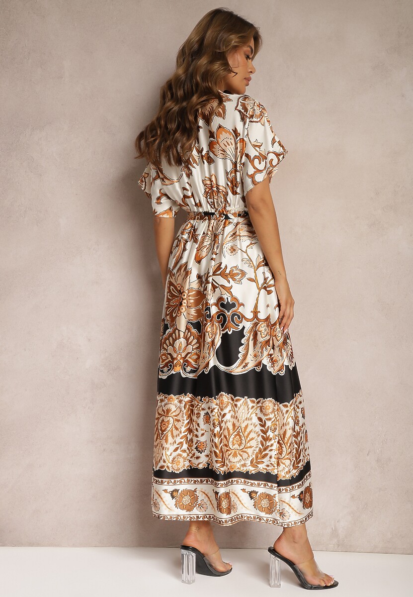 Czarno-Kremowa Kopertowa Sukienka Maxi z Gumką w Talii i Rozkloszowanym Dołem Jeanina