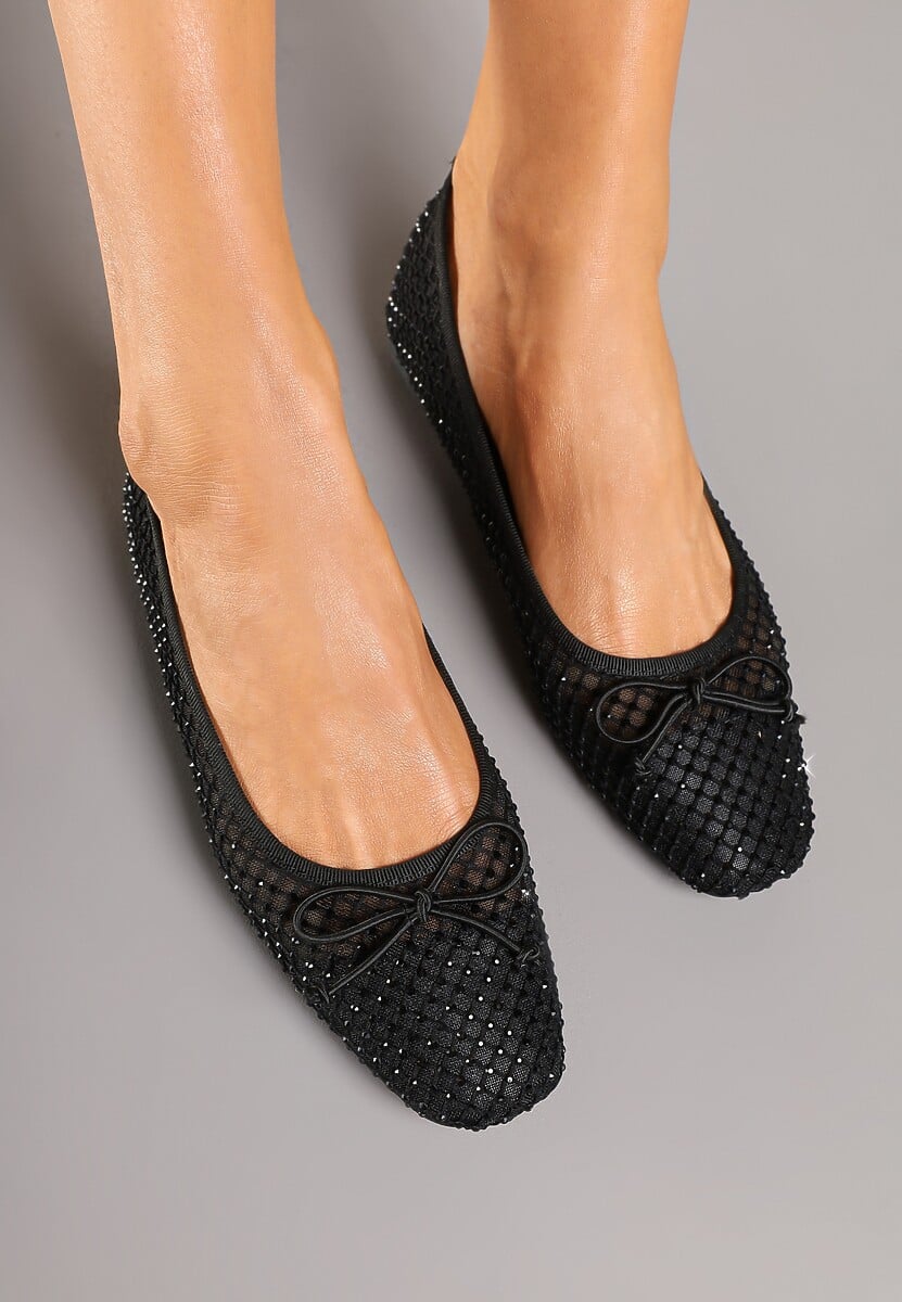 Czarne Siateczkowe Balerinki z Delikatnymi Cyrkoniami i Kokardką Senirithra