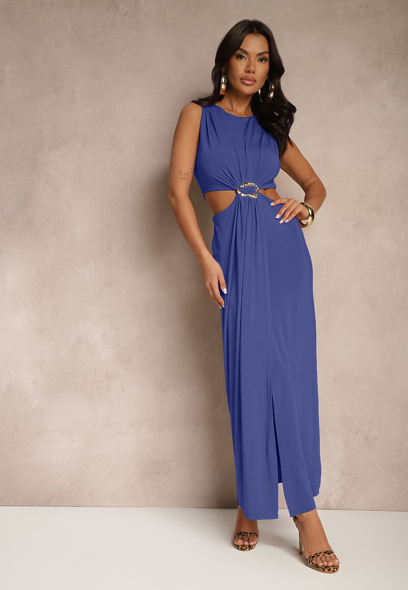 Brązowa Sukienka z Wiskozą Metalową Ozdobą i Wycięciami po Bokach Odivane