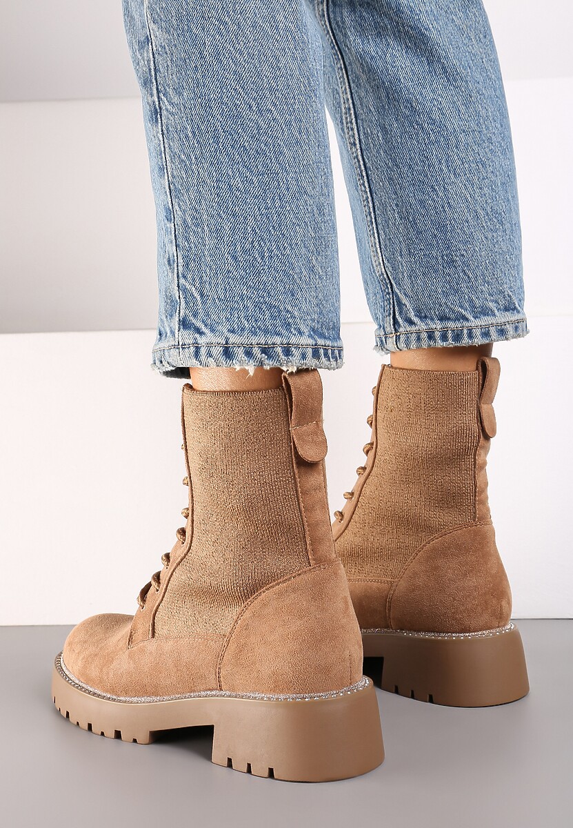 Jasnobrązowe Sznurowane Płaskie Botki w Stylu Workerów z Brokatową Elastyczną Cholewką Creene