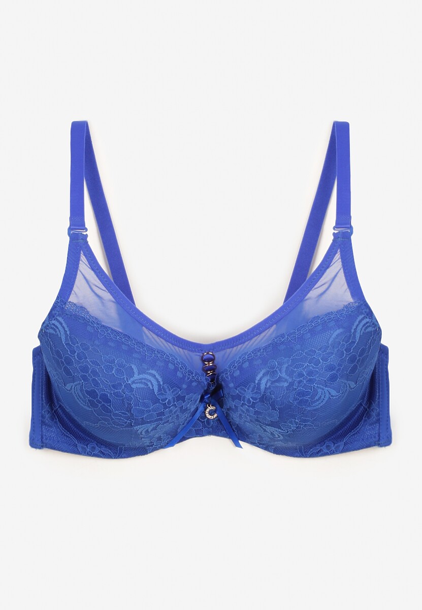 Niebieski Biustonosz Push-Up Wykończony Koronką i Cyrkoniami Rivathara
