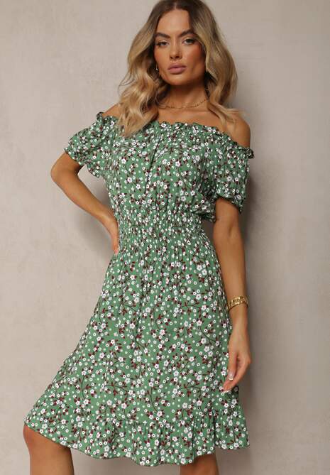 Zielona Bawełniana Sukienka Midi Hiszpanka z Gumką w Pasie Dnise