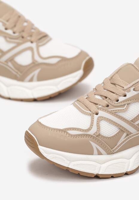 Ciemnobeżowe Sneakersy na Masywnej Podeszwie Ozdobione Siateczkowymi Wstawkami Malica