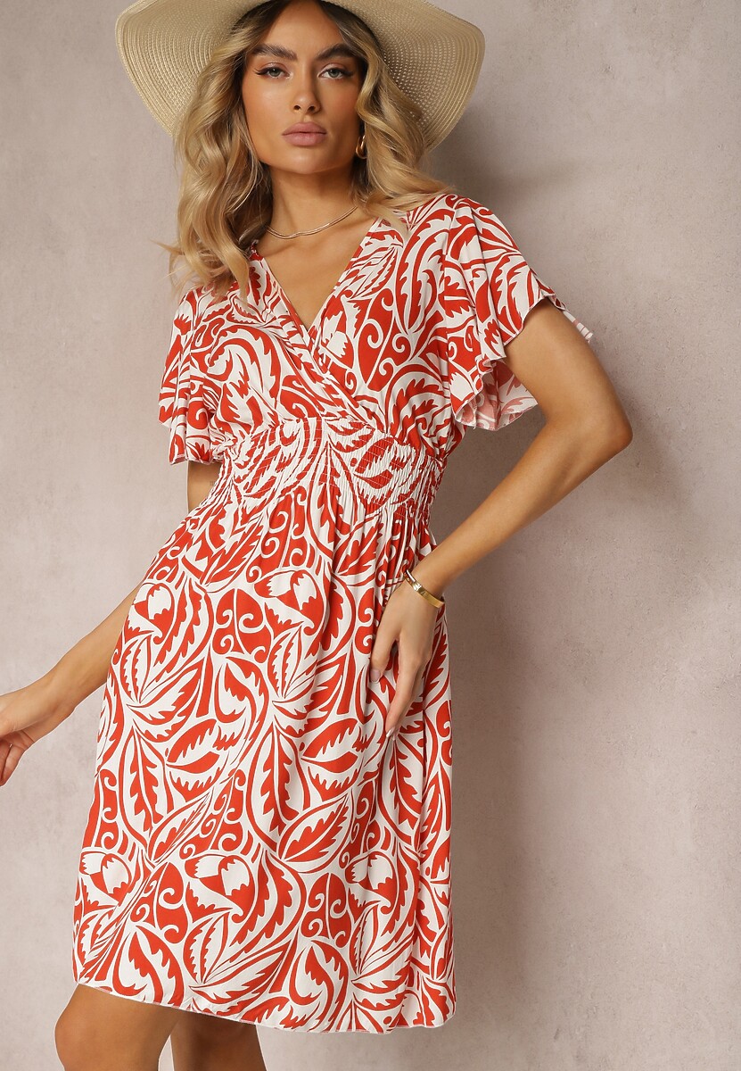 Pomarańczowo-Biała Wiskozowa Sukienka o Rozkloszowanym Kroju z Kopertowym Dekoltem Lereria