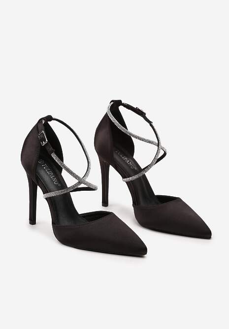 Czarne Satynowe Szpilki Ozdobione Cyrkoniami na Cienkich Paskach Wynstelle